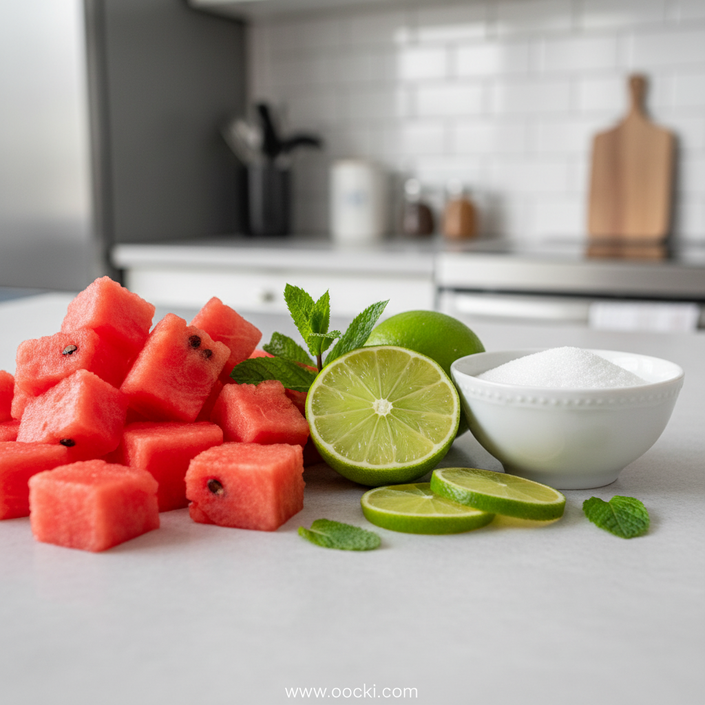 Fresh watermelon, lime, and honey ingredients for sorbet