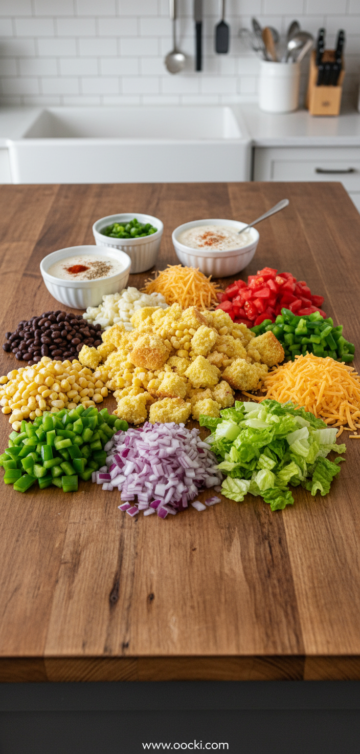 Ingredients for cornbread salad arranged on counter