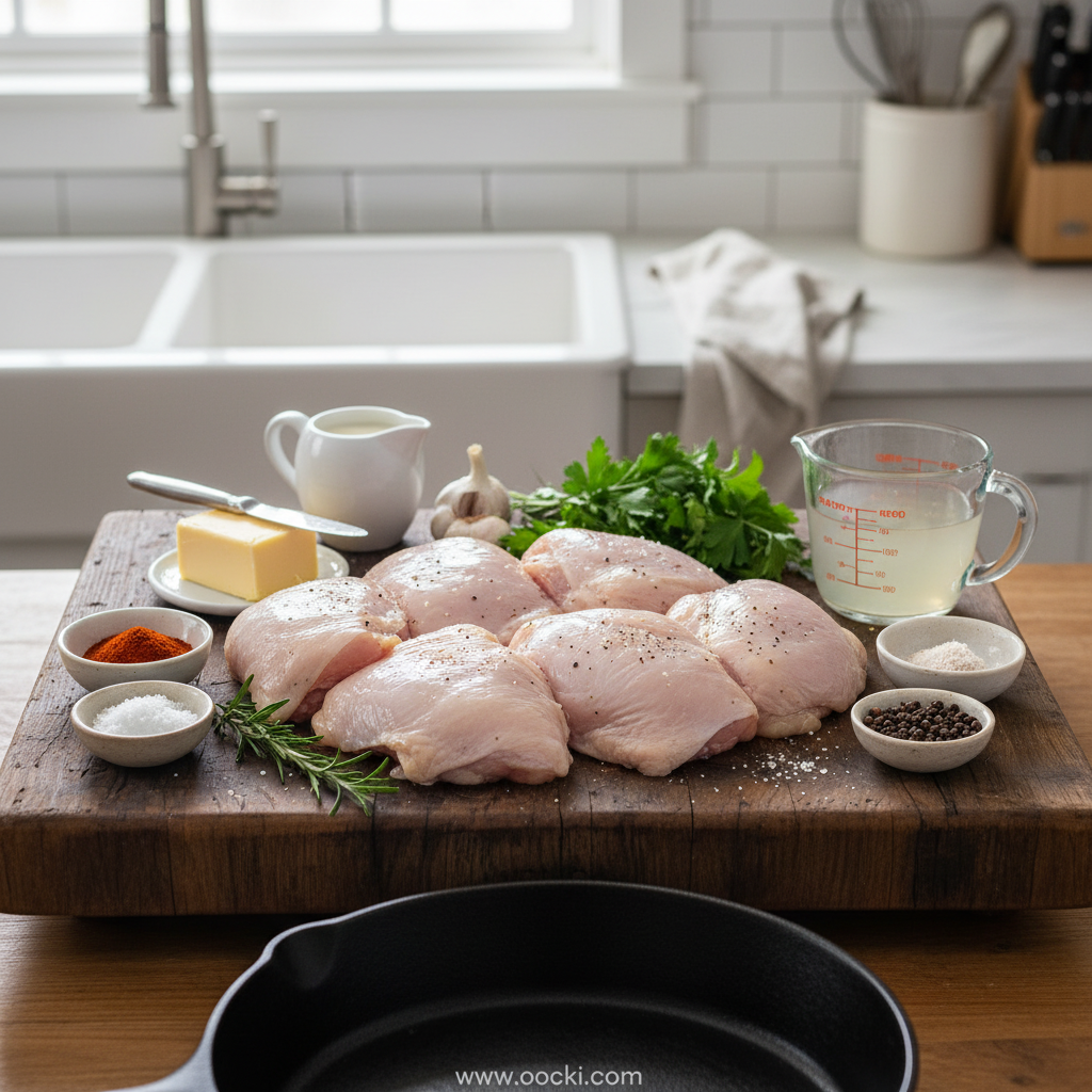 Ingredients for creamy cowboy butter chicken including chicken, butter, garlic, and spices