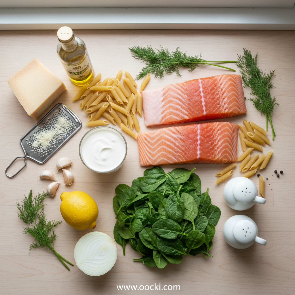 Ingredients for creamy salmon spinach pasta arranged on counter