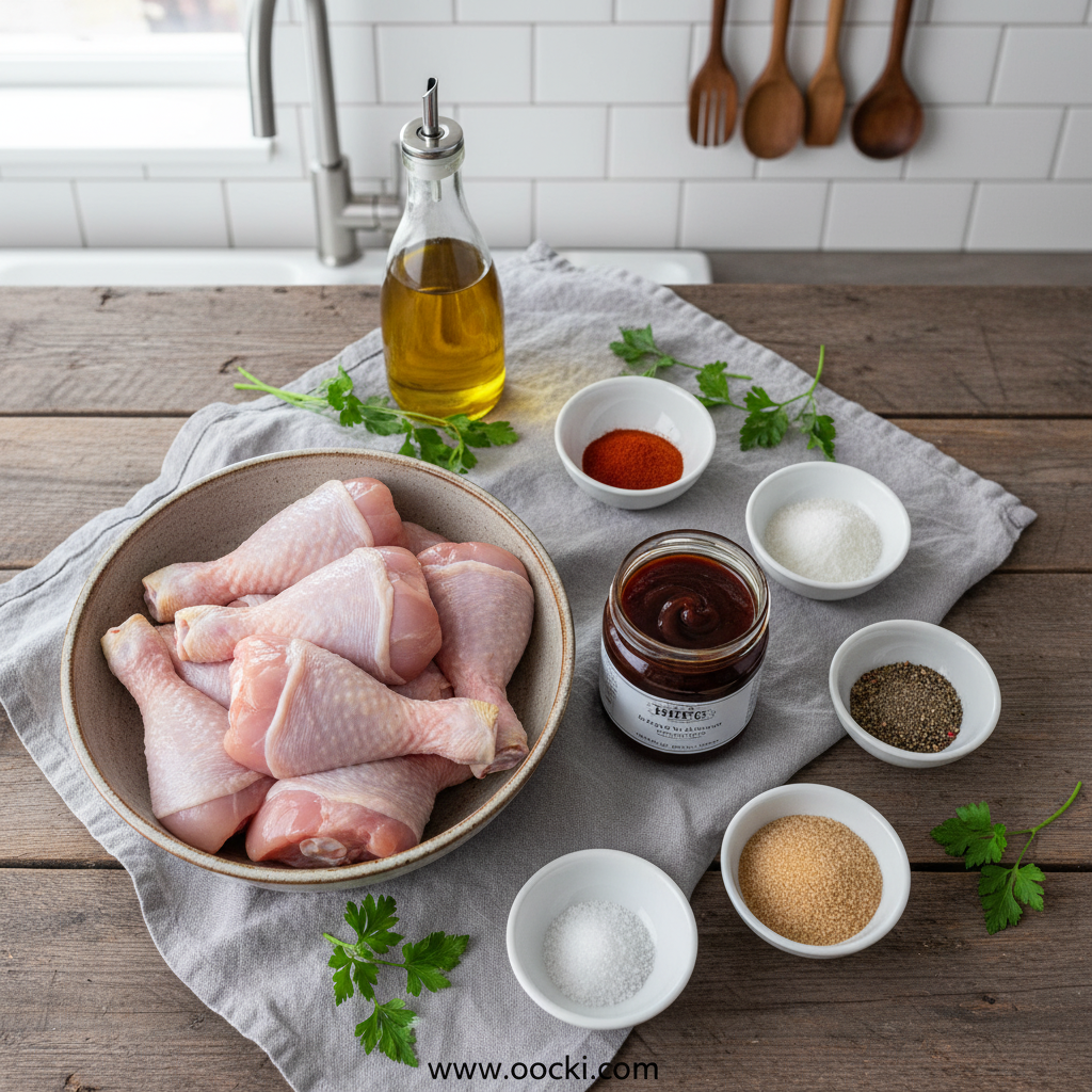 Crispy Juicy Oven Baked BBQ Chicken Legs - Restaurant Style Drumsticks 2 Ingredients for crispy oven baked BBQ chicken legs including chicken, spices, and BBQ sauce