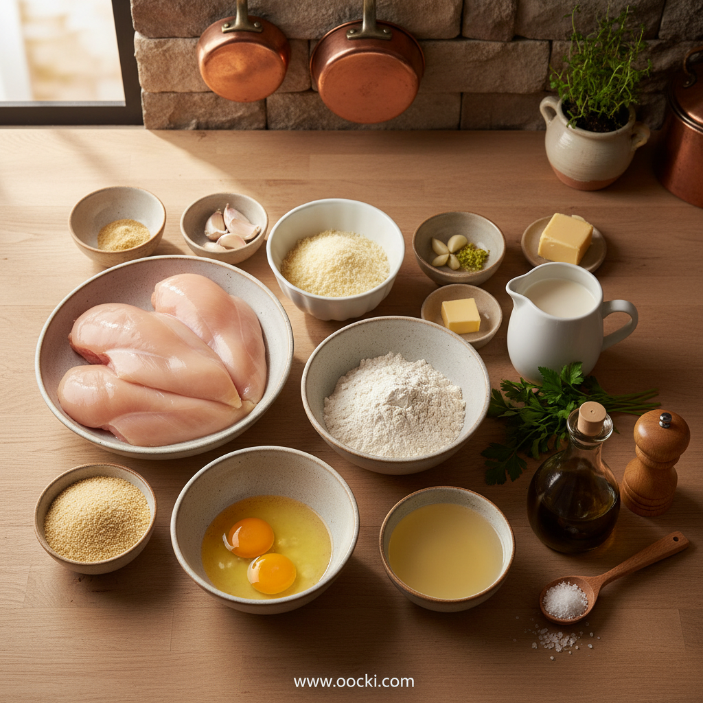 Ingredients for crispy Parmesan chicken with garlic sauce