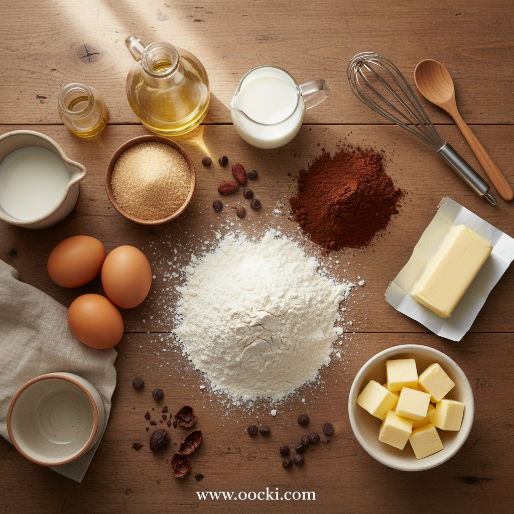 Ingredients for dark chocolate sheet cake