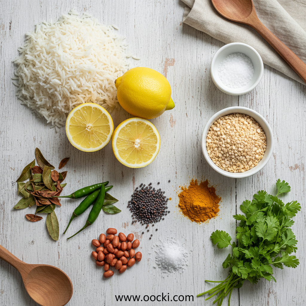 Ingredients for South Indian lemon rice including rice, lemons, peanuts, and spices