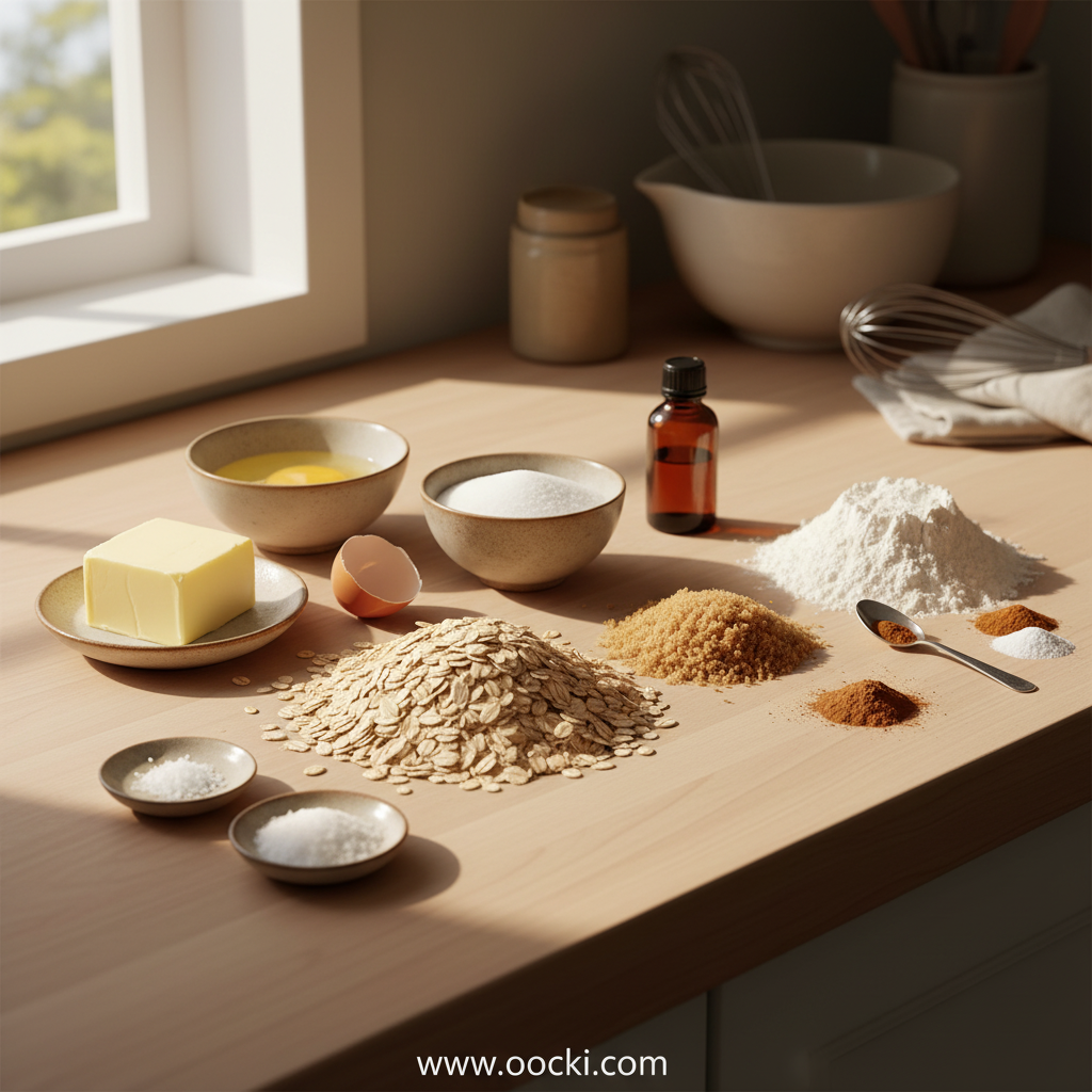Ingredients for oatmeal cookies arranged neatly