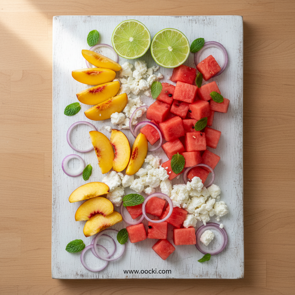 Fresh ingredients for peach watermelon salad including peaches, watermelon, mint and lime