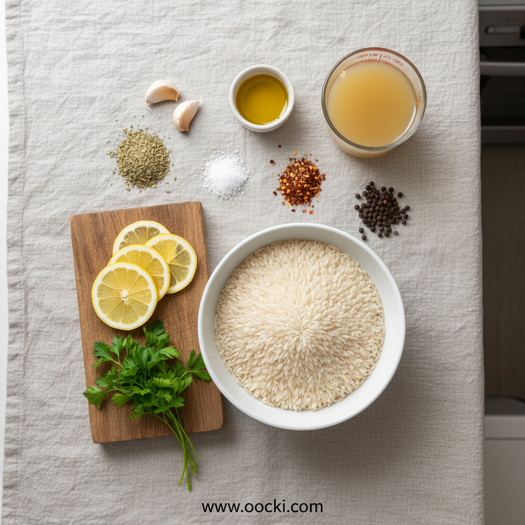 Ingredients for spicy Greek lemon rice including rice, lemons, herbs and spices