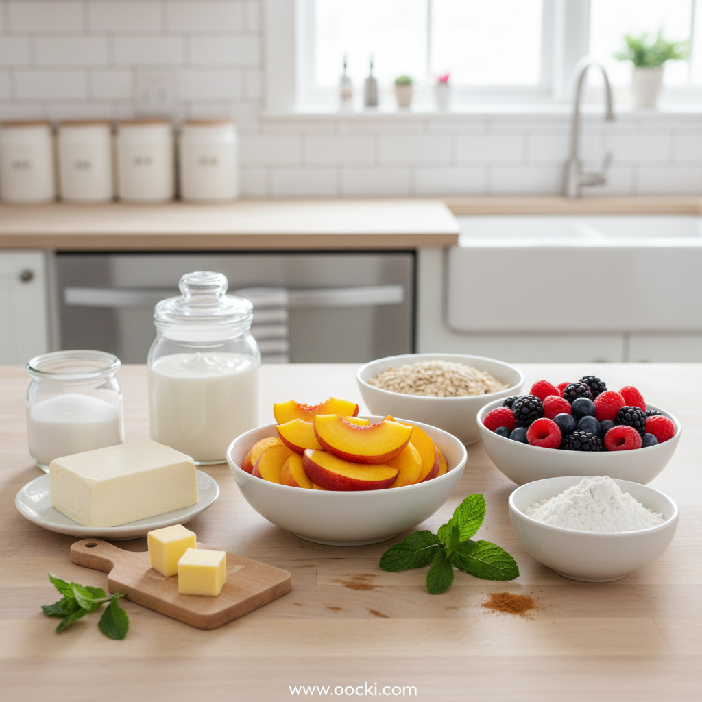 Ingredients for peach cobbler cheesecake salad including fresh peaches and cream cheese
