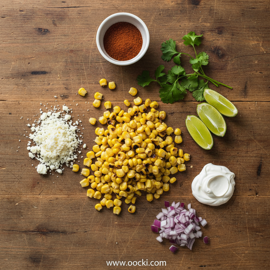 Fresh ingredients for Mexican esquites corn salad including corn, limes, chili powder, and cotija cheese
