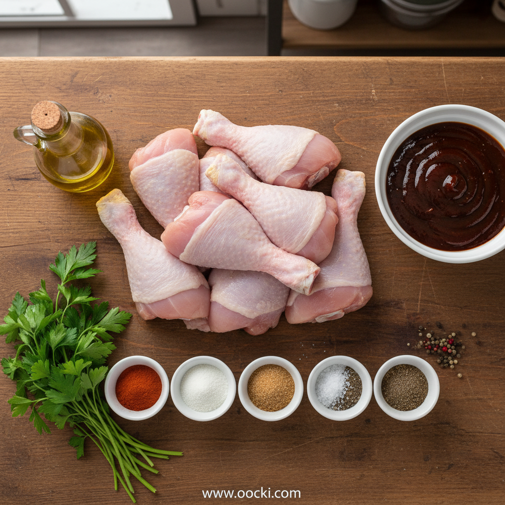 Ingredients for oven baked BBQ chicken drumsticks arranged on counter