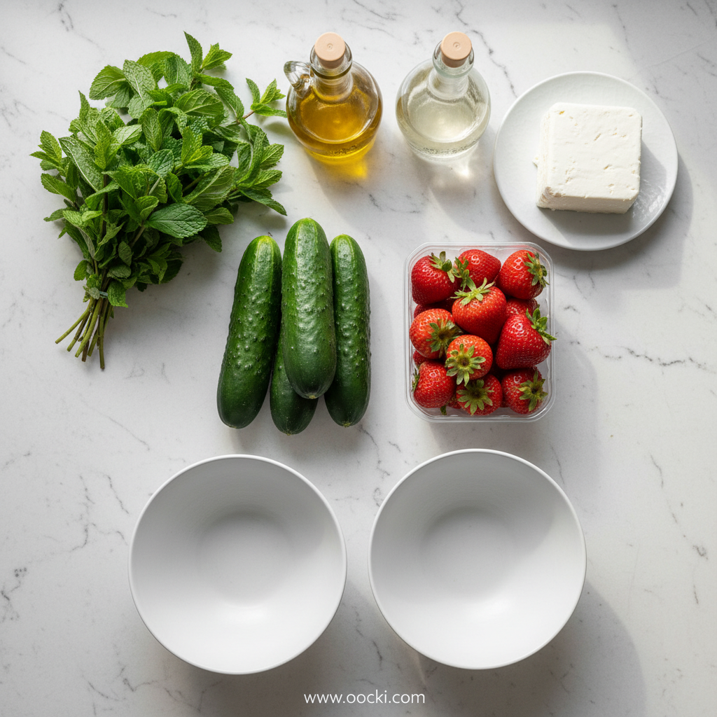 Fresh ingredients for cucumber strawberry salad including feta, mint, and vegetables