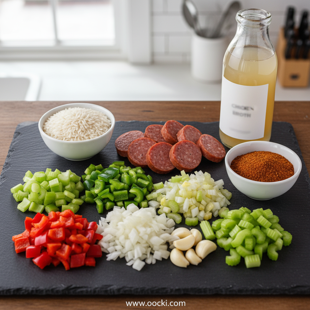 Ingredients for Cajun sausage rice skillet including sausage, rice, and vegetables