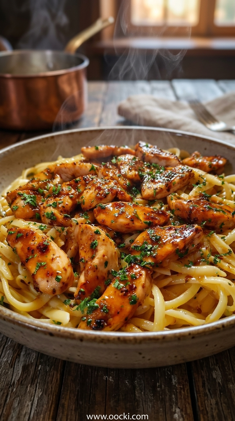 Creamy chicken pasta with garlic butter sauce and fresh parsley