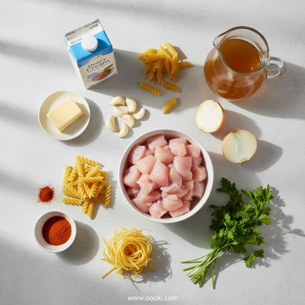 Ingredients for chicken pasta including pasta, chicken, garlic, butter, and seasonings