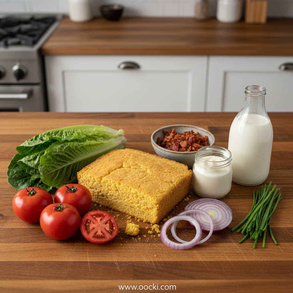 Ingredients for crumbled cornbread salad including cornbread, vegetables, and dressing