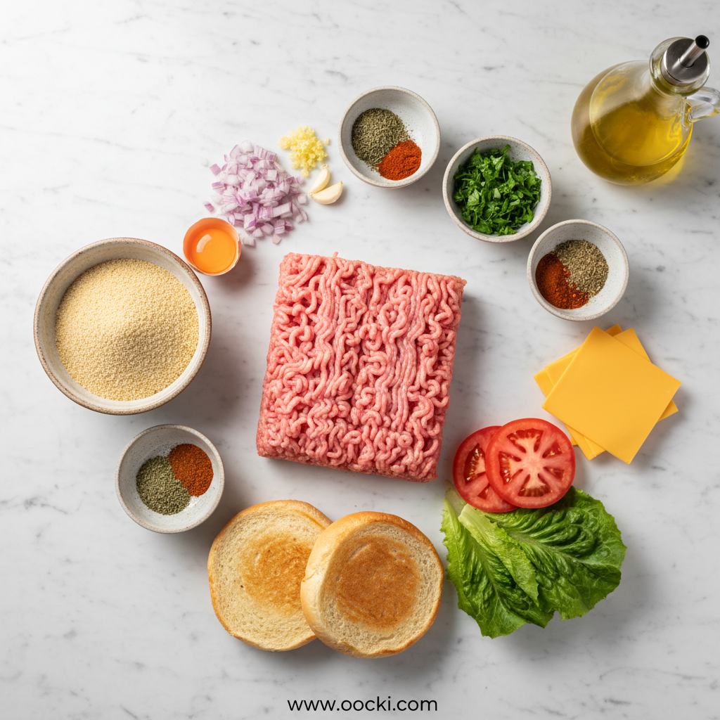 Fresh ingredients for making turkey burgers including ground turkey, breadcrumbs, and seasonings