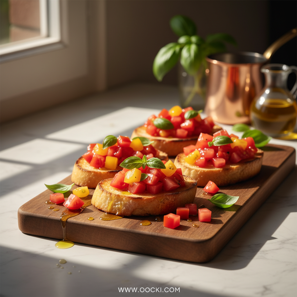 Authentic Italian Bruschetta served on a rustic wooden board