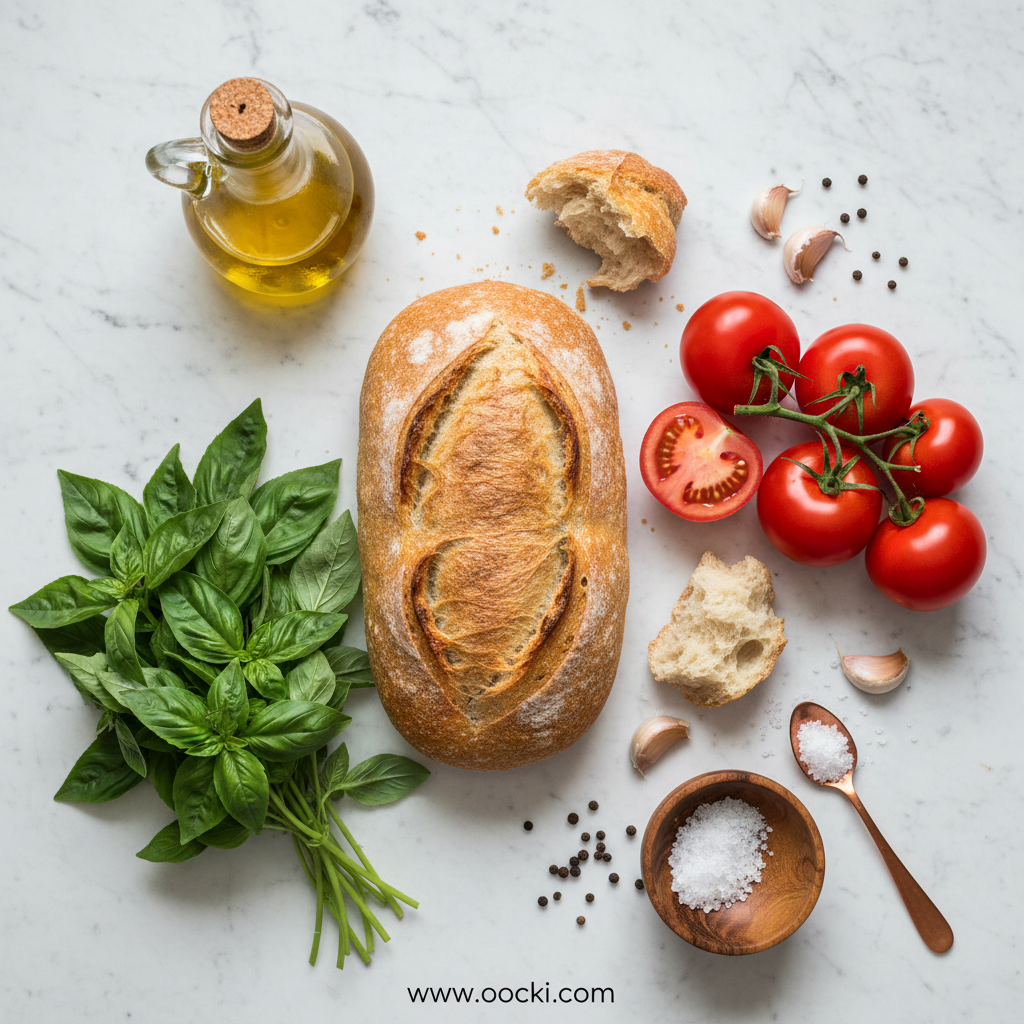Fresh ingredients for bruschetta: tomatoes, basil, garlic, and bread