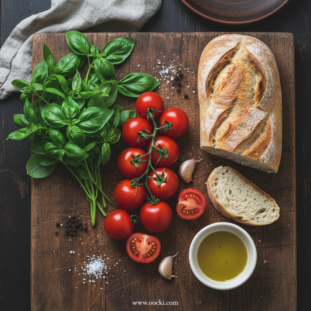 Ingredients for homemade bruschetta: tomatoes, basil, garlic, bread, olive oil, salt, and pepper