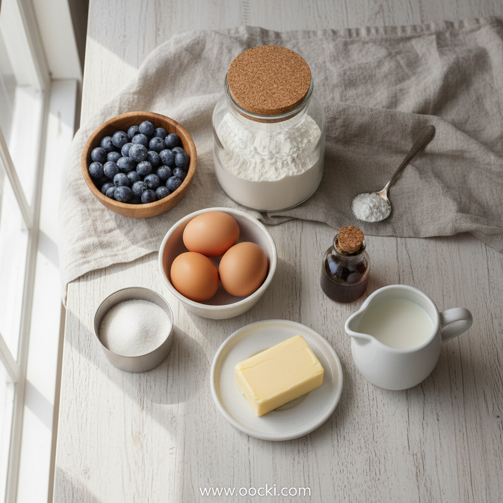 Ingredients for blueberry muffins laid out on a counter