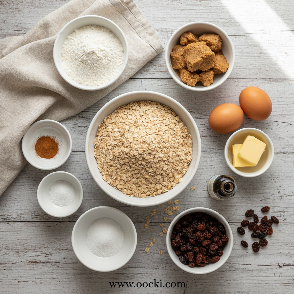 Ingredients for chewy oatmeal cookies