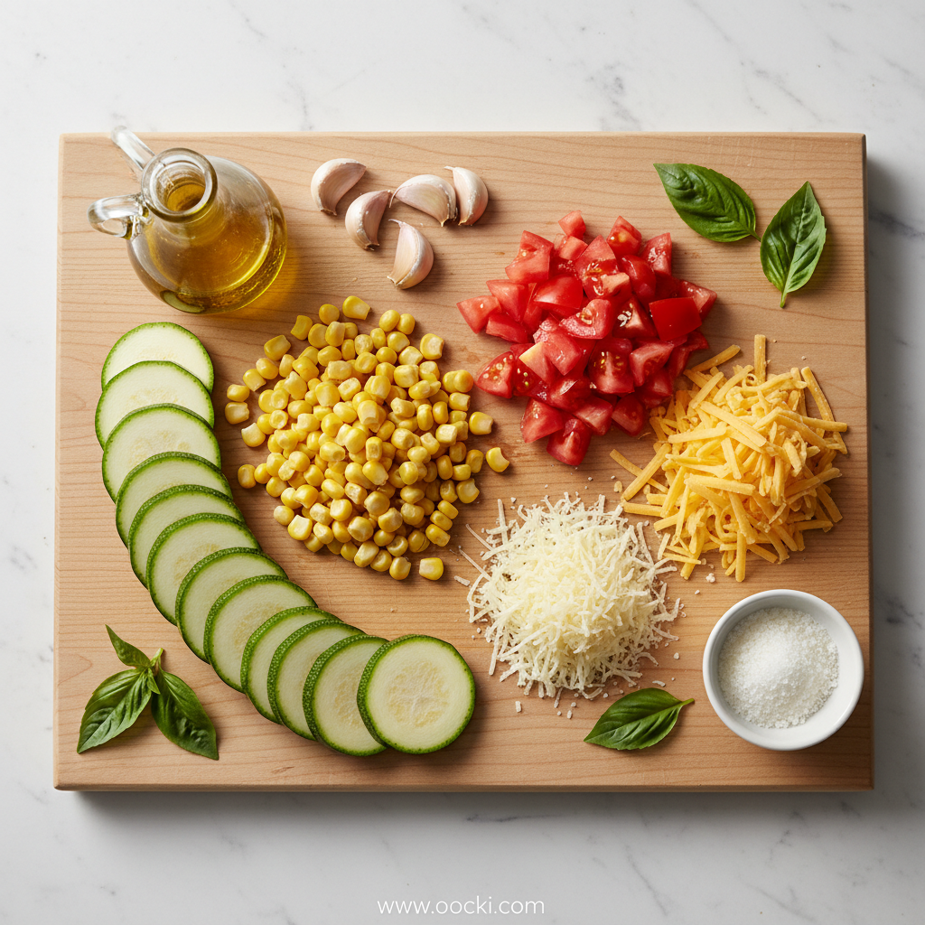 Easy Cheesy Zucchini Corn Tomato Bake with Golden Parmesan Crust 2 Ingredients for Easy Cheesy Zucchini Corn Tomato Bake