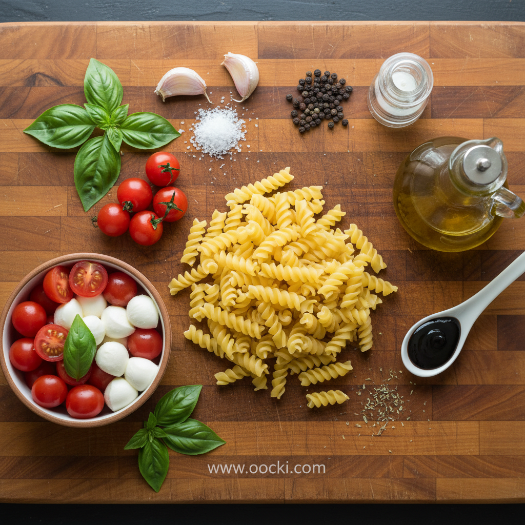 Ingredients for Easy Creamy Caprese Pasta Salad