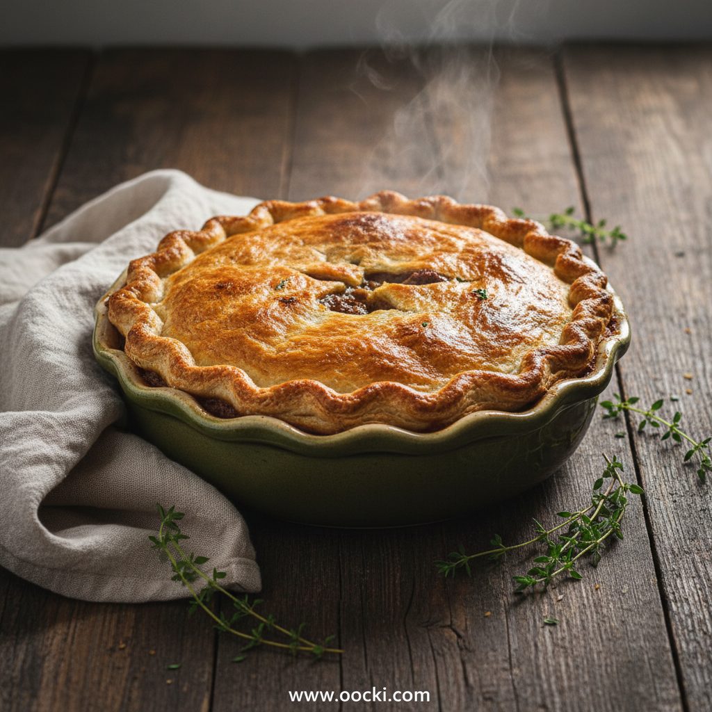 Savory Beef Stew Pot Pie: A Hearty and Flaky Comfort Dish 1 Savory Beef Stew Pot Pie served in a dish